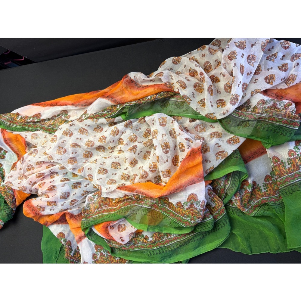 Vintage Paisley Block Print Scarf Oversized Green Orange Sheer Cotton Wrap 90x46